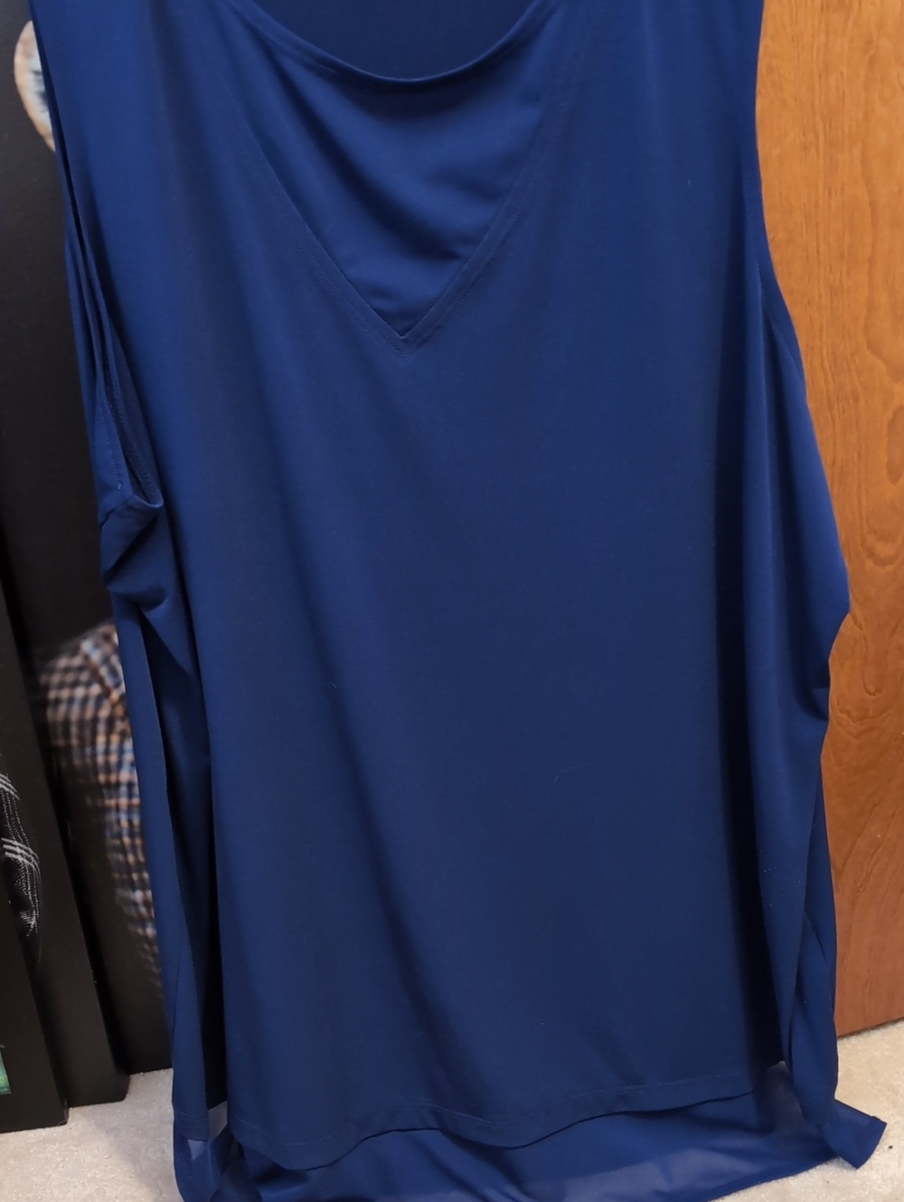 Sleeveless V-Neck Navy Blue Tunic Top With Sheer Trim